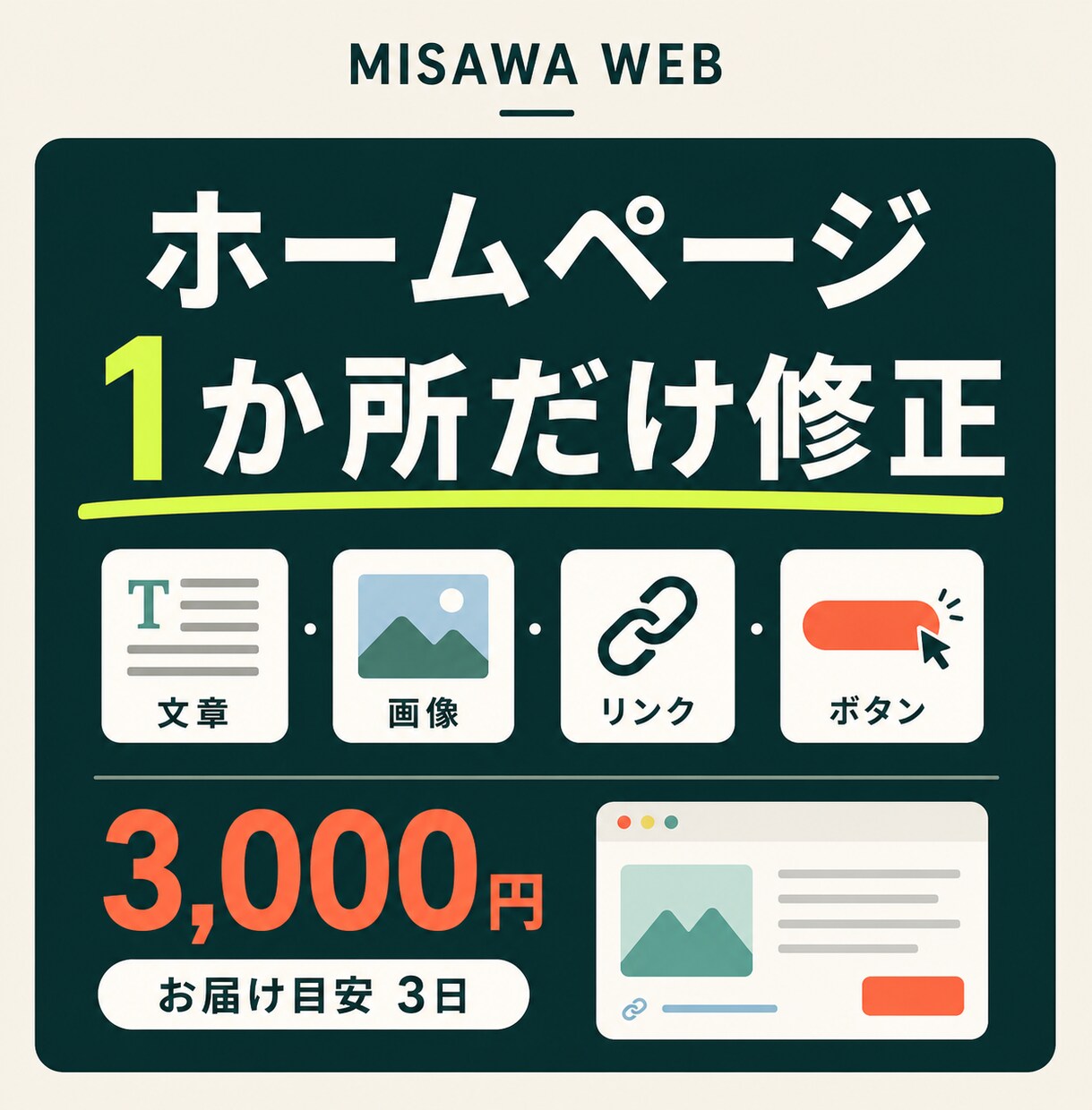 ホームページの文章や画像を1か所修正します 今あるページの「ここだけ」を丁寧に直します イメージ1