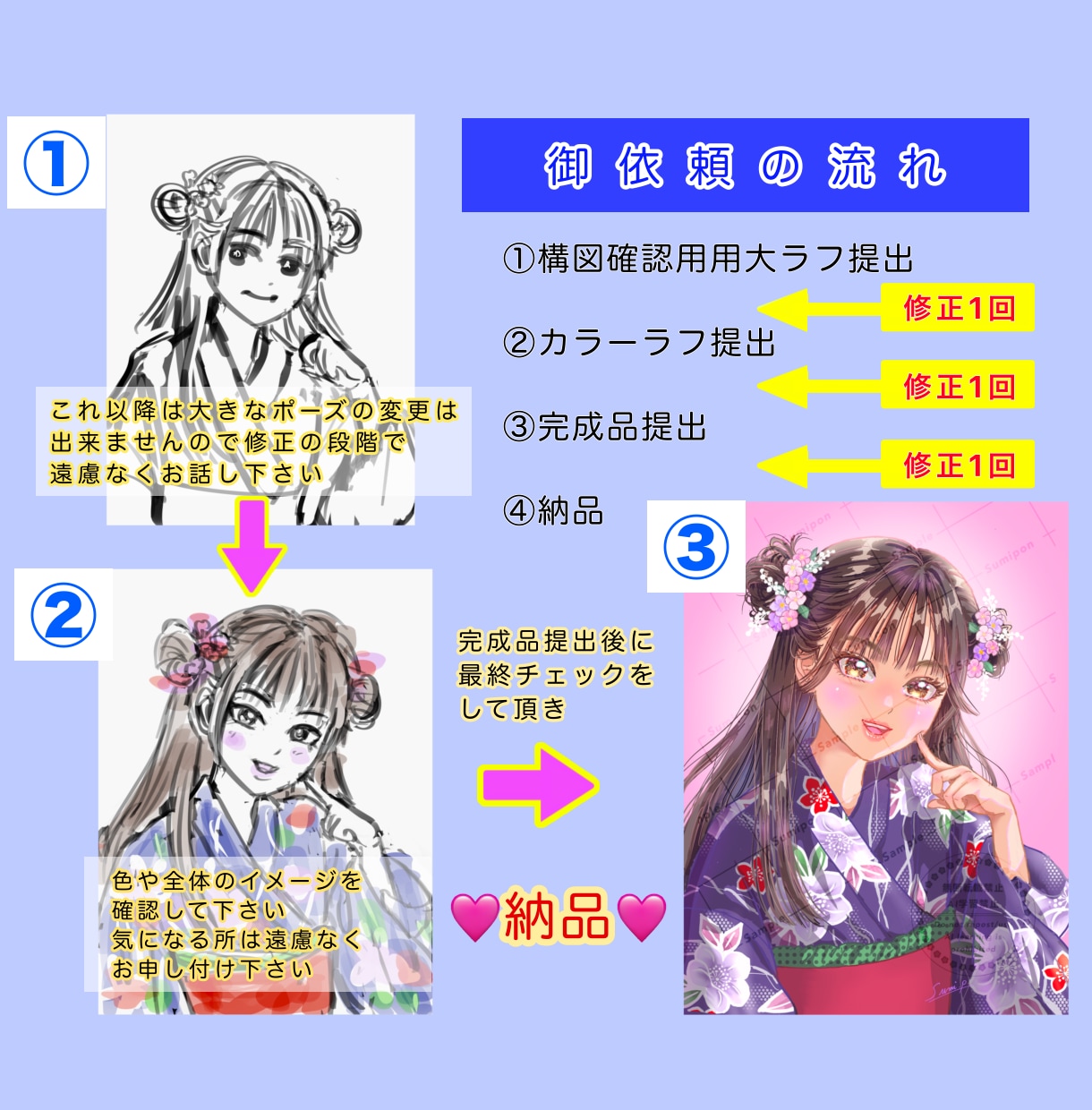 綺麗可愛い和装姿の一枚絵を厚塗りで描きます 息を呑む美しさ、重厚な色使いで貴方だけの一枚絵をお描きします イメージ9