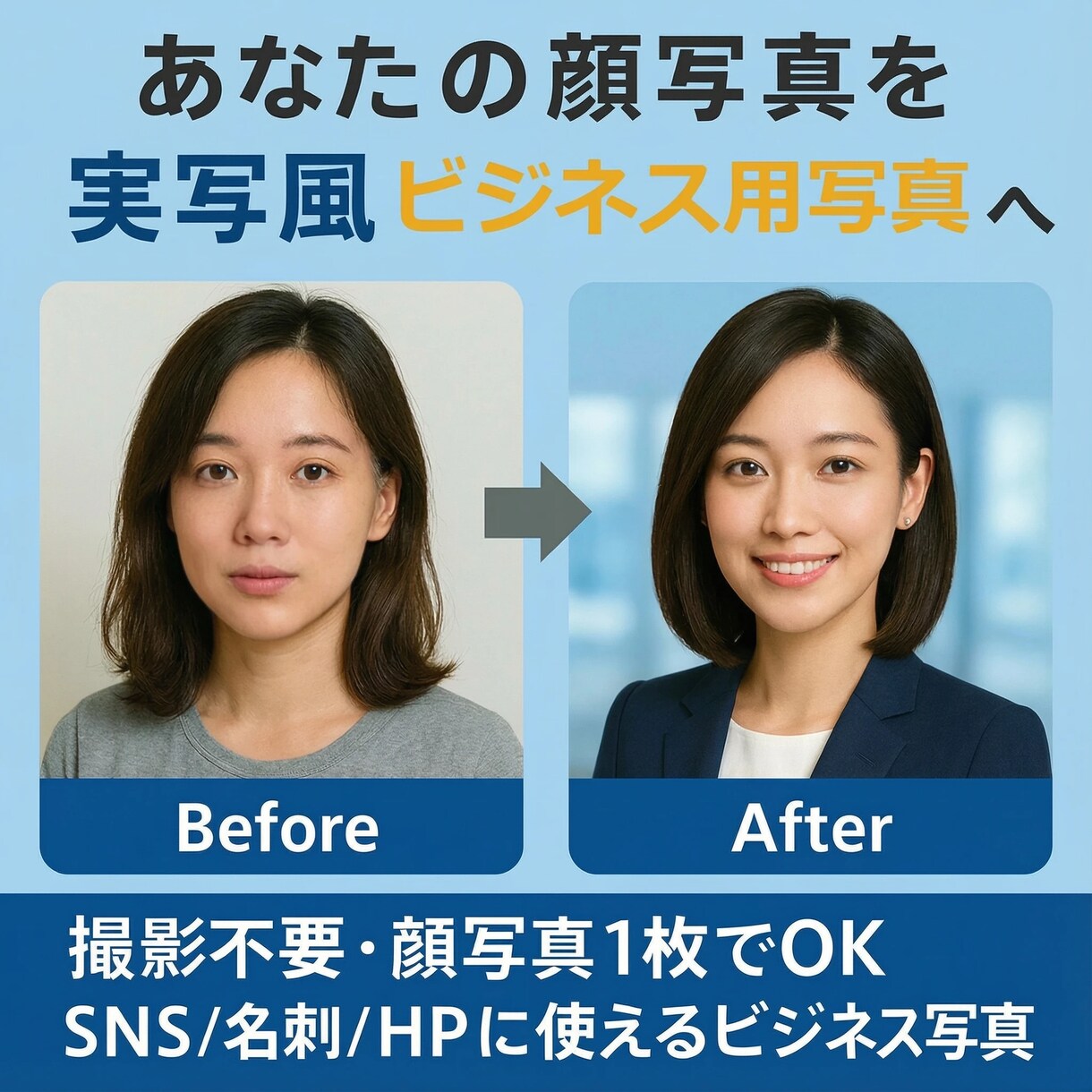 ビジネスで光る！選ばれる実写級AIプロフ画作ります 【顔写真だけ】で即プロ撮影級品質。第一印象が整う自己紹介写真 イメージ1