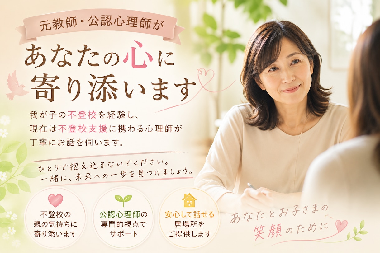 公認心理師×元教師があなたの心に寄り添います 我が子の不登校を経験し、支援に携わる心理師がお話を伺います イメージ1