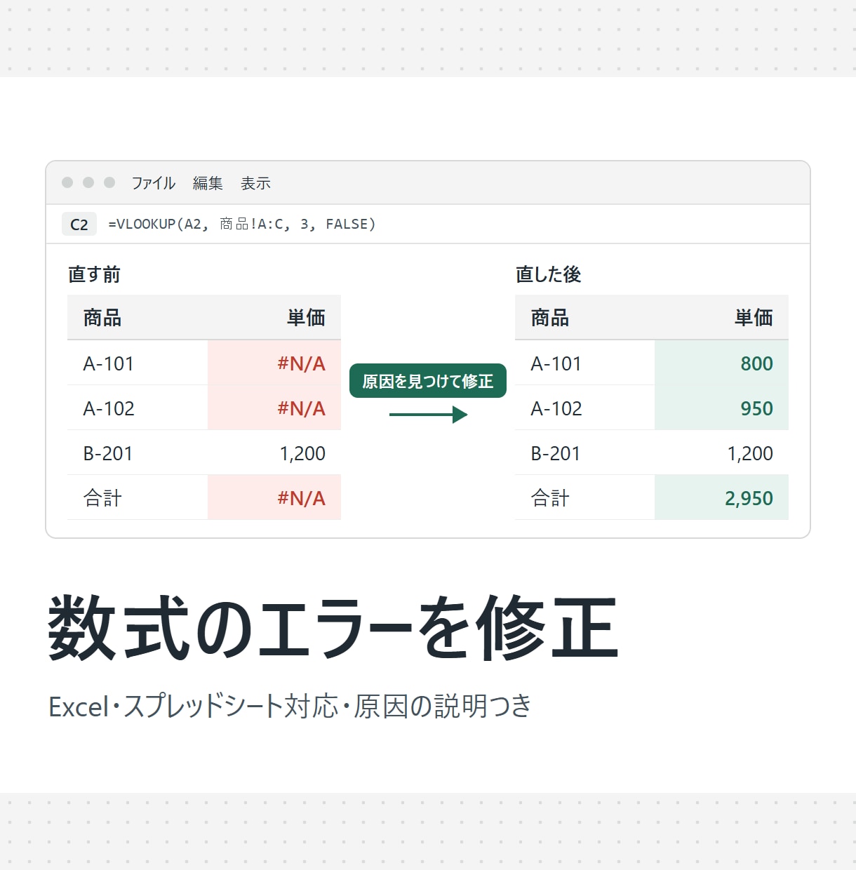 Excel・スプレッドシートの数式エラーを直します #N/A・合わない合計を、原因の説明つきで直します イメージ1