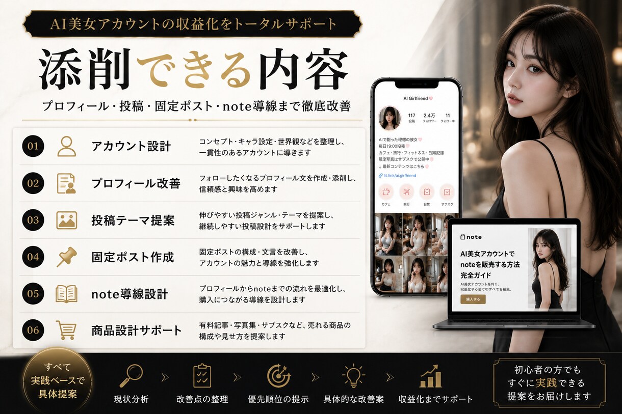 AI美女アカウント収益化を添削しますます AI美女SNS運用を投稿・導線・販売目線で具体的に改善します イメージ3