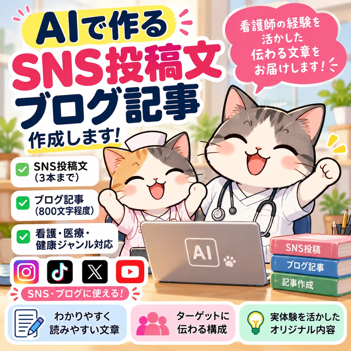 AIでSNS投稿文やブログ記事を作成します 看護師の経験とAIを活かし、伝わる文章を丁寧に作成 イメージ1