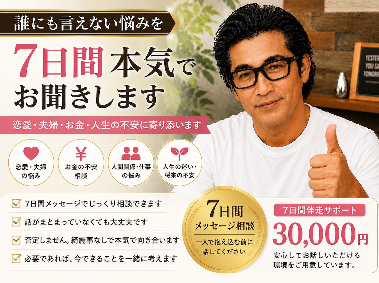 誰にも言えない悩みを7日間本気でお聞きします 恋愛・夫婦・お金・人生の不安に寄り添います イメージ1