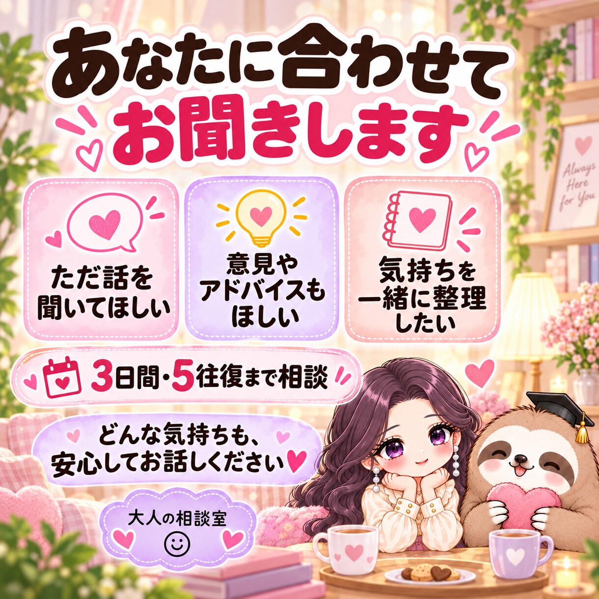 誰にも言えない恋愛の悩みを優しくお聞きします まとまらない気持ちも否定せず、そのまま受け止めます イメージ3