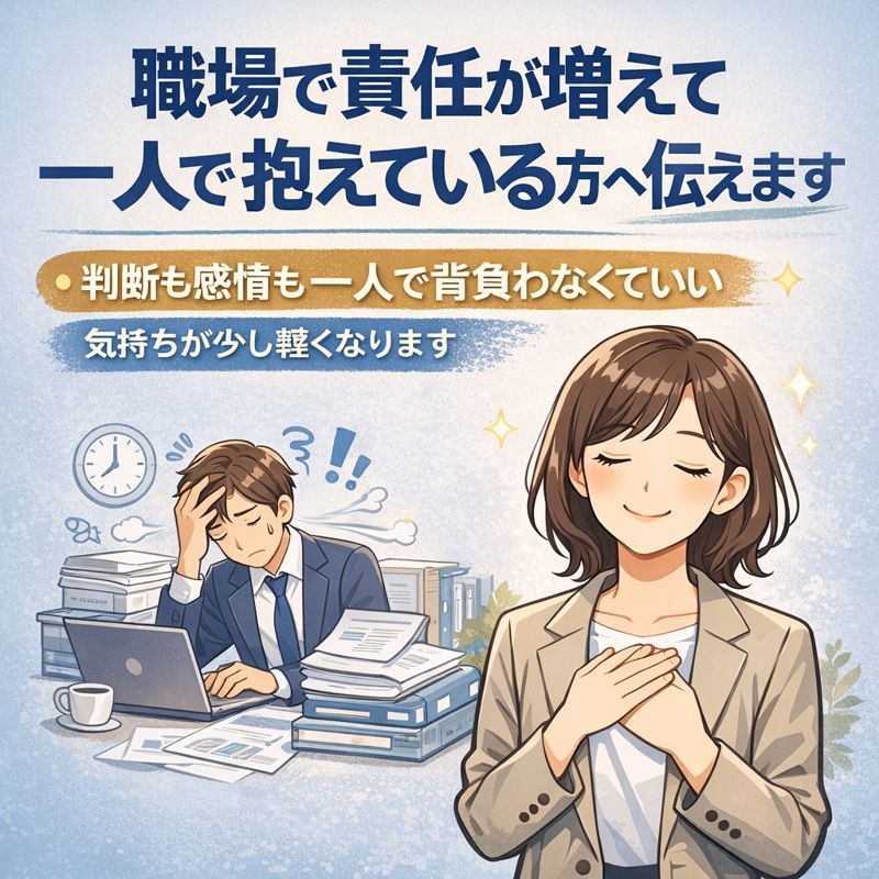 職場で責任が増えて一人で抱えている方へ伝えます 判断も感情も一人で背負わなくていい、気持ちが少し軽くなります イメージ1
