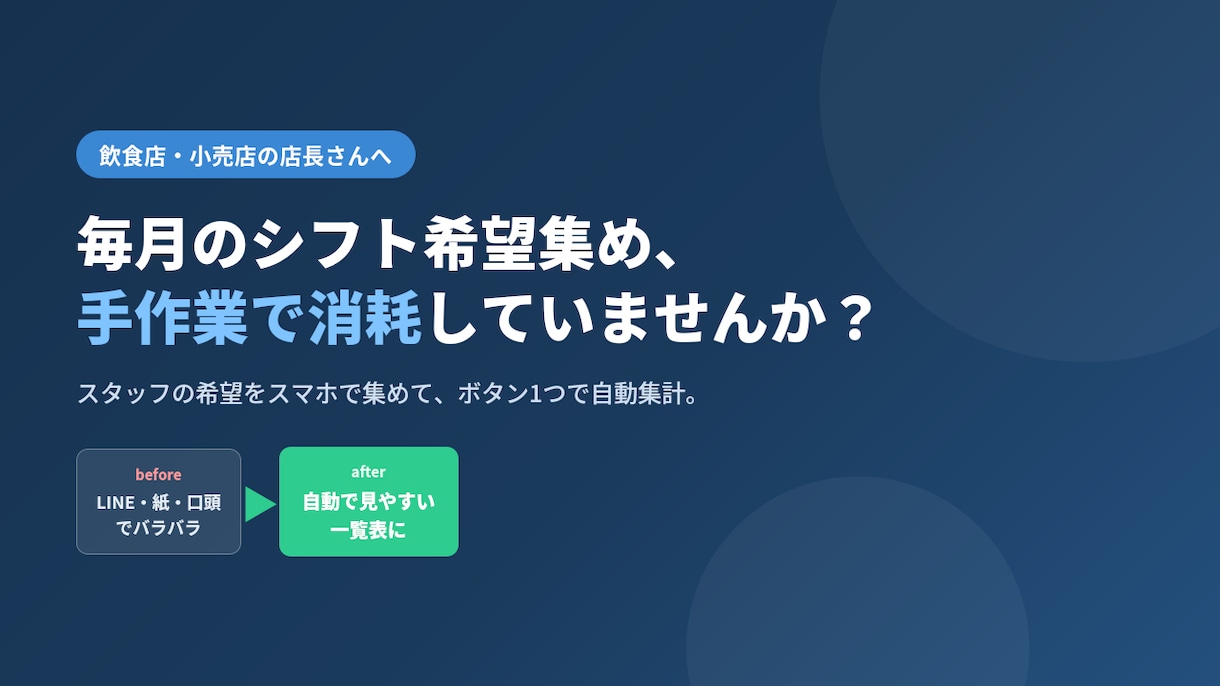 先着3名様｜シフト希望の集計を自動化します 毎月のシフト希望集め、手作業で消耗していませんか？ イメージ1