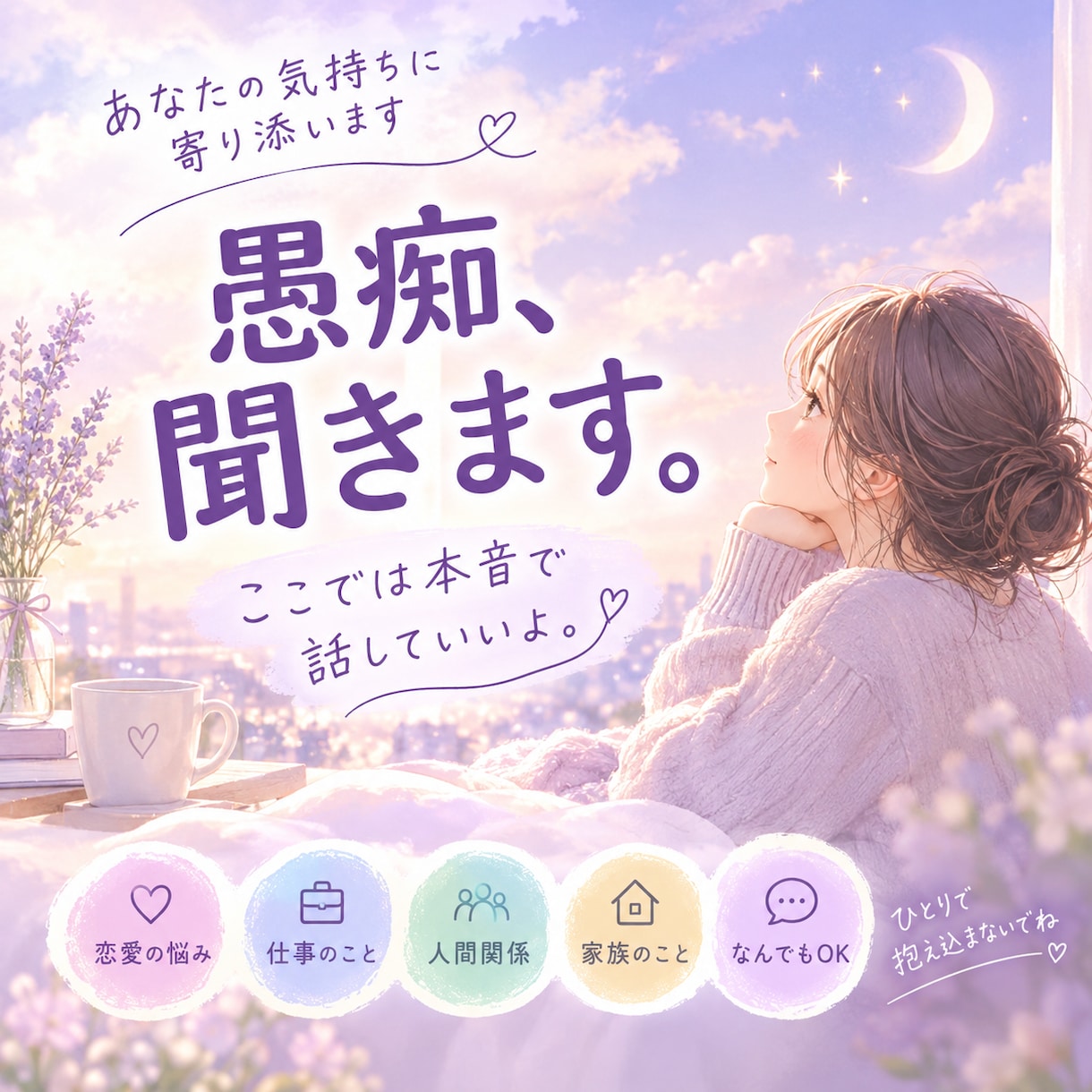 頑張りすぎたあなたの心、そっと受け止めます 今日は無理に笑わなくていい。ありのままの気持ちで話してね。 イメージ1