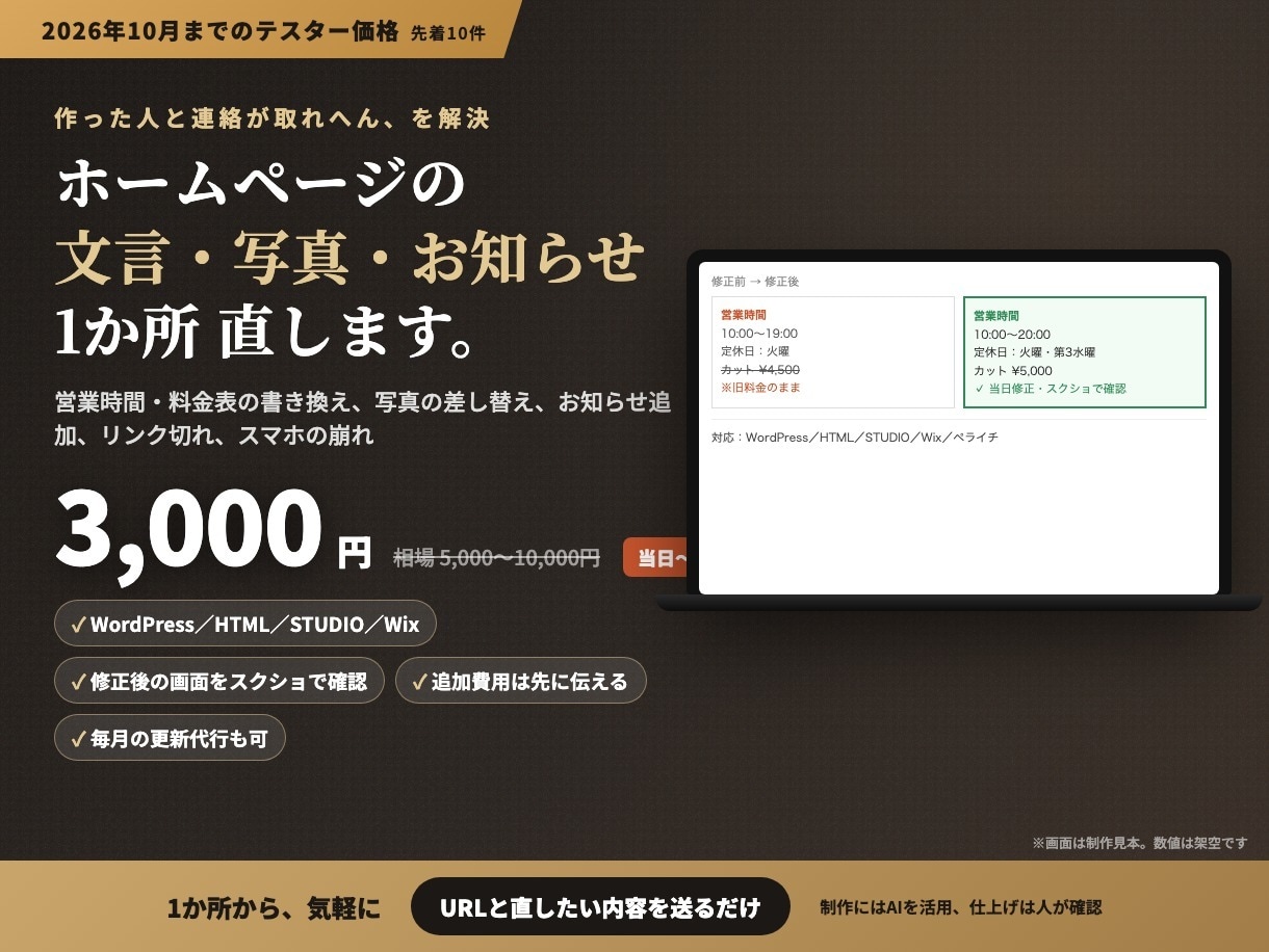 ホームページの文言・画像・お知らせを直します 1か所3,000円・当日〜翌日。WordPress対応 イメージ1