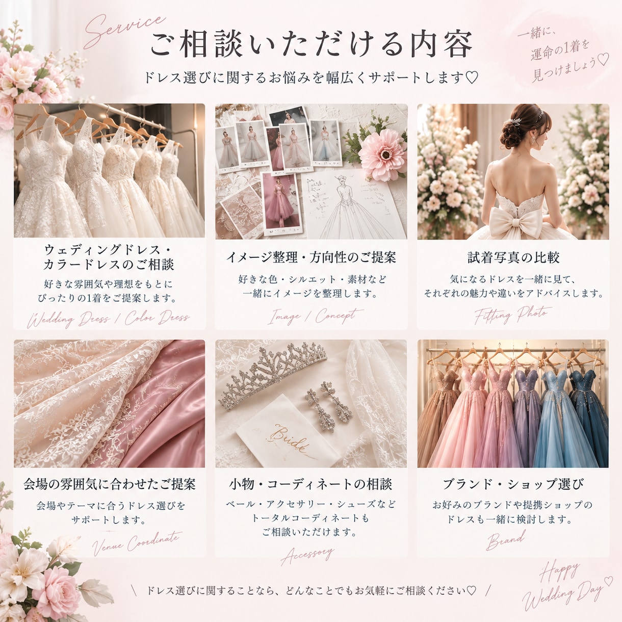 ドレス迷子の花嫁様へ♡運命の1着選びお手伝いします 試着前の不安から、試着後のドレス比較まで一緒に考えます！ イメージ2