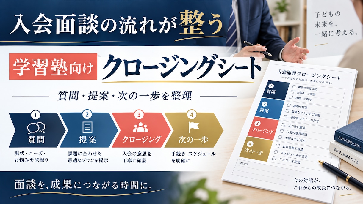 学習塾のクロージングシートを作成します 入会面談の流れを塾の方針に合わせて整えます イメージ1