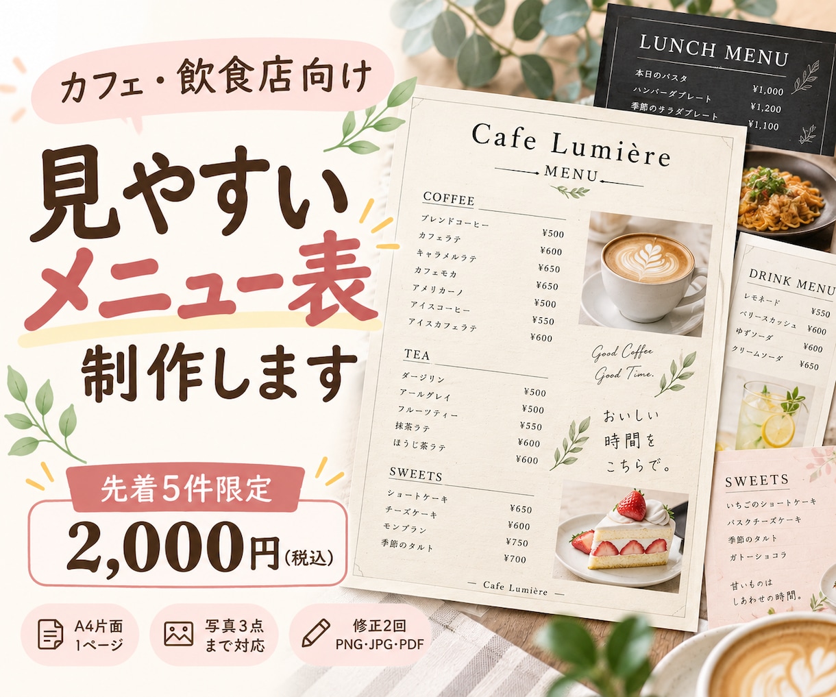 カフェ・飲食店の見やすいメニュー表を作ります お店の雰囲気に合わせて丁寧に制作・修正2回まで イメージ1