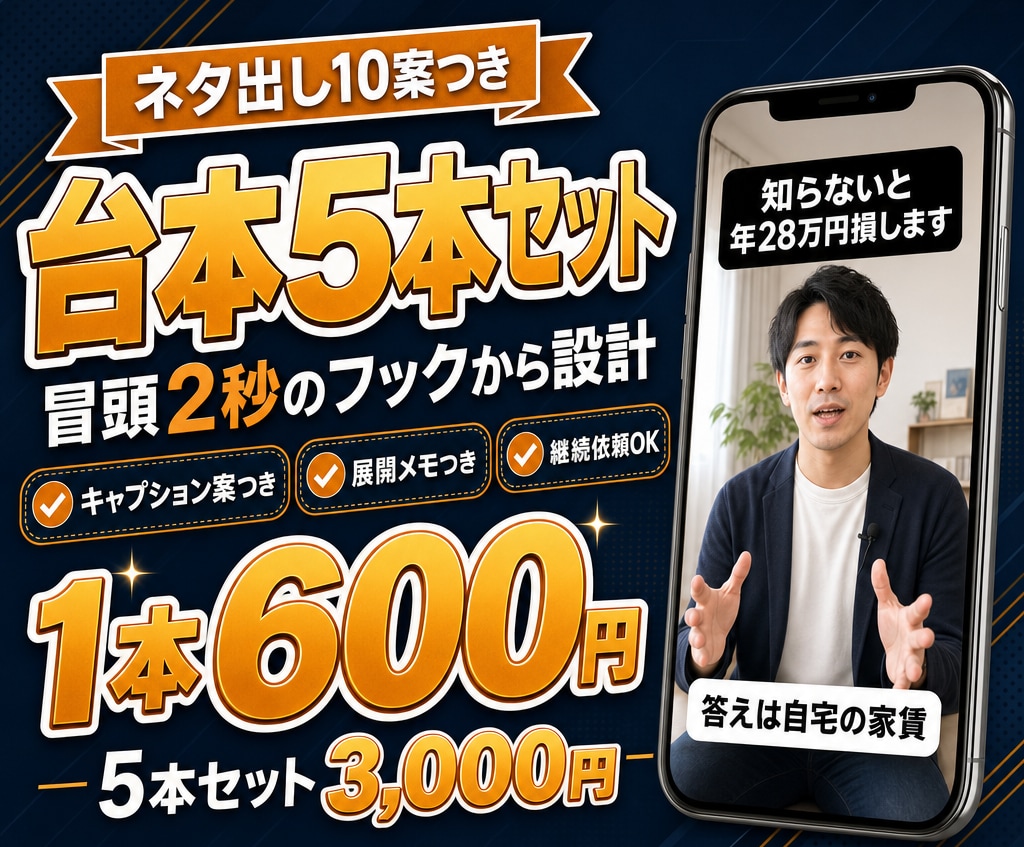 ショート動画の台本を5本セットで作成します 冒頭2秒のフックから設計。キャプション・タグ案つき イメージ1