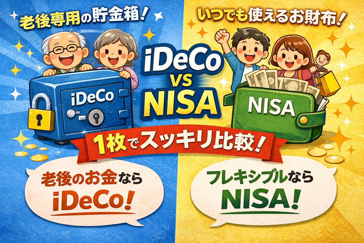 iDeCoとNISA、結局どっち？を説明します コツコツ貯金箱と自由に使える財布の違いを1枚で解説 イメージ1