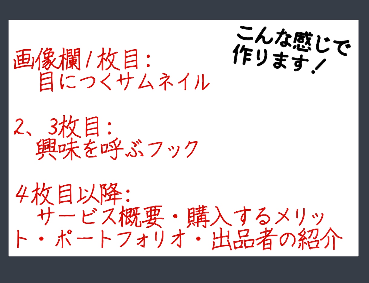 ココナラ目玉商品が閲覧数UPするお手伝いします サムネイル含む画像10枚作成+サービス概要の添削します！ イメージ7