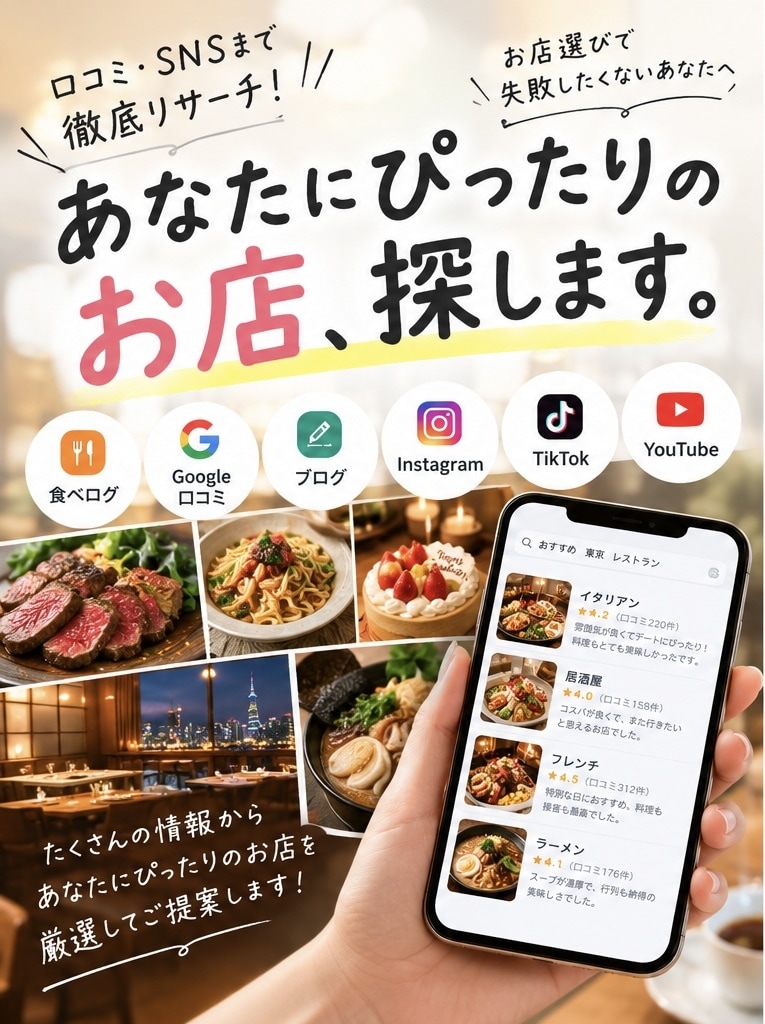 口コミ・SNSまで徹底調査！お店選びをお手伝います あなたの希望に合う飲食店を本気で探します！ イメージ1
