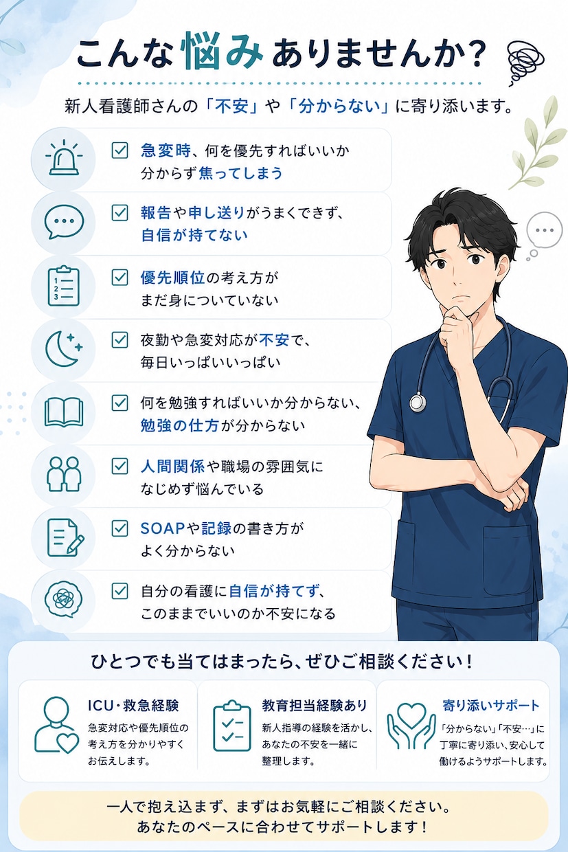 ICU・救急経験ナースが新人ナースをサポートします 急変・報告・優先順位を丁寧にサポート イメージ2
