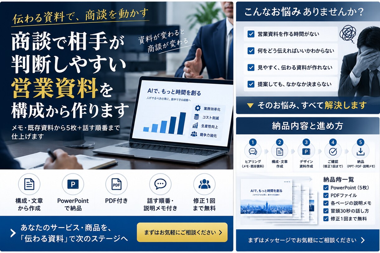商談で伝わる営業資料を構成から作ります メモから5枚＋話す順番まで仕上げます イメージ1