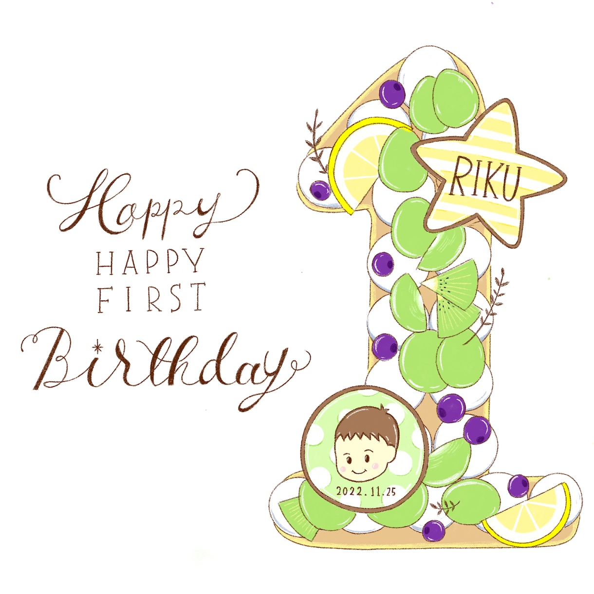 似顔絵入りのお誕生日イラストをお描きします 似顔絵入りのクッキーをトッピングしたケーキのお誕生日イラスト イメージ2