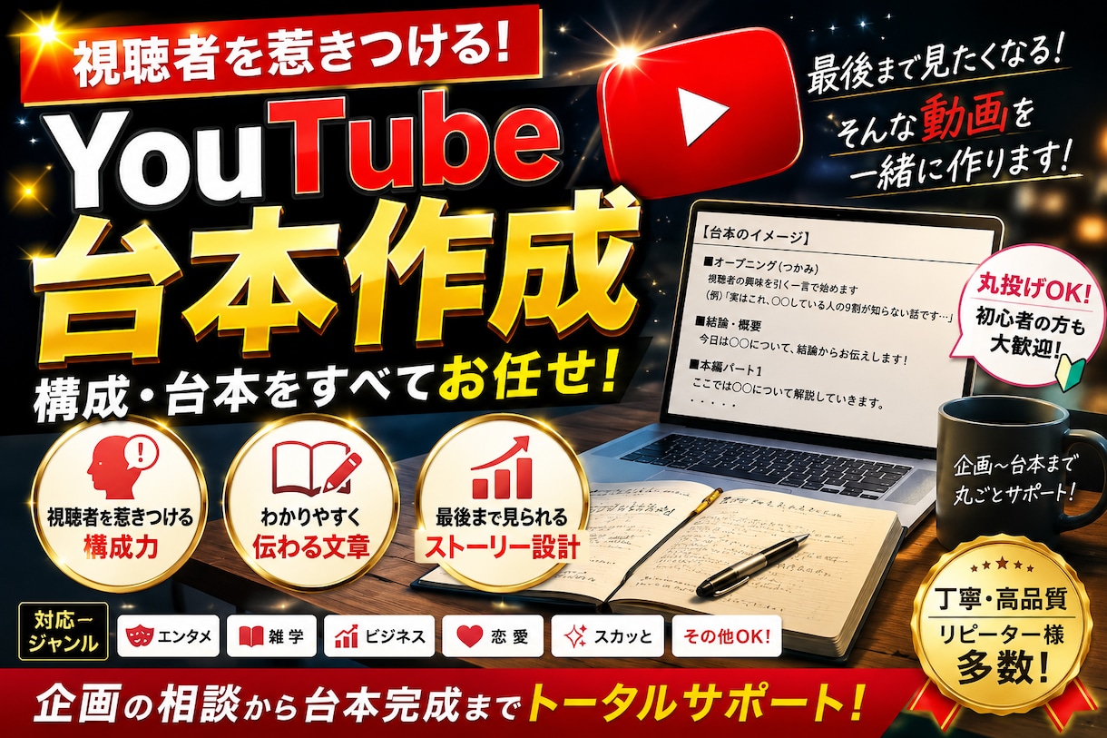 視聴維持率を意識した動画台本を作成します 最初の3秒で惹きつける台本を作成します。 イメージ1