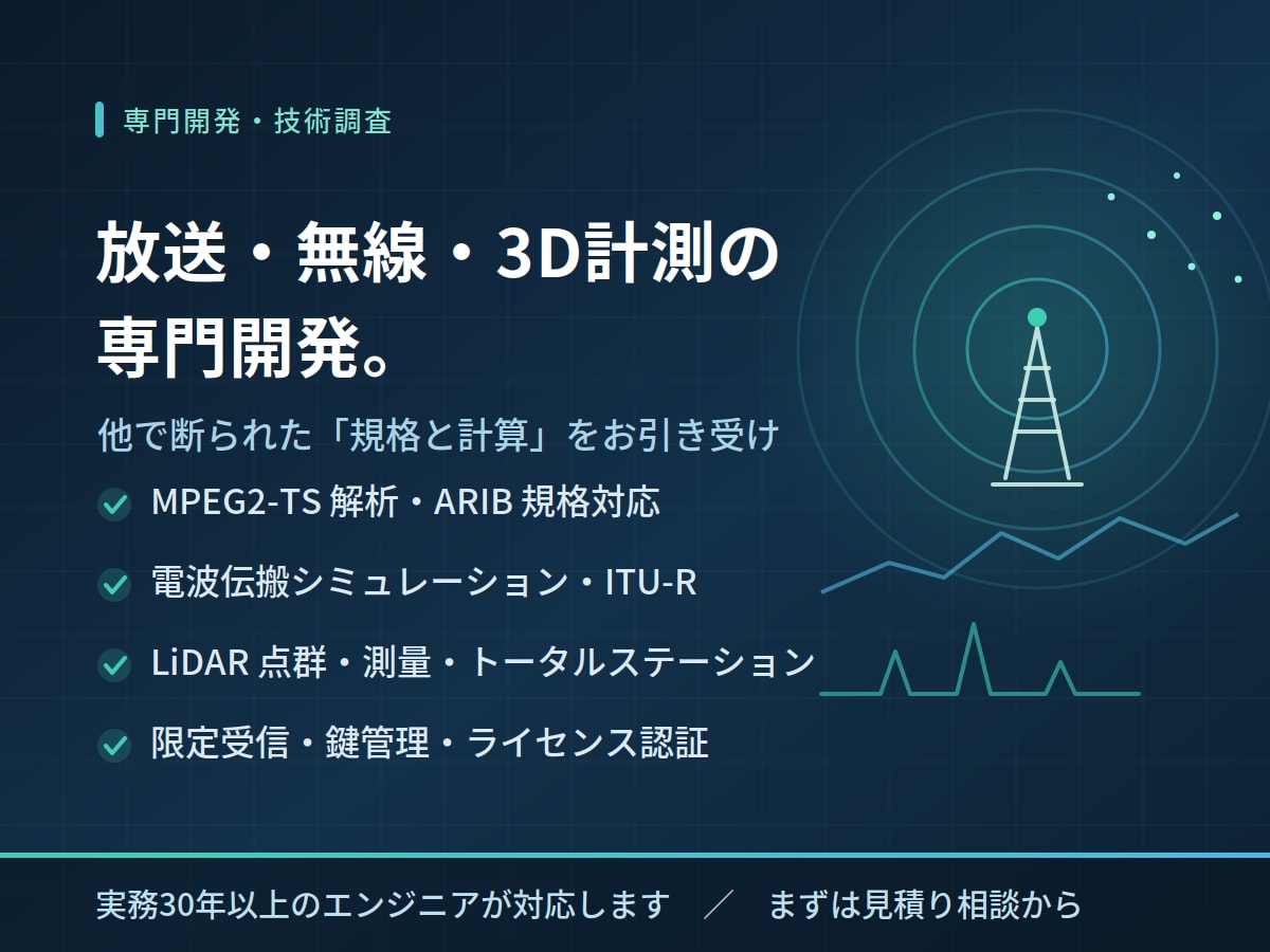 放送・無線・3D計測の専門開発を承ります 規格と計算が絡む、他で断られた開発をお引き受けします イメージ1