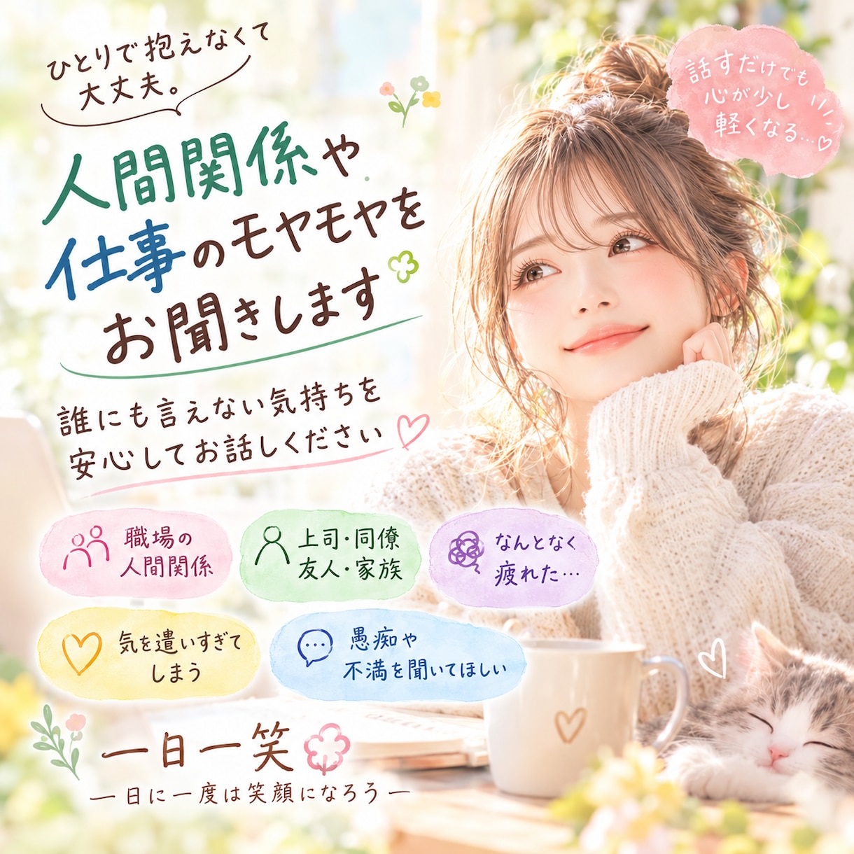 人間関係や仕事のモヤモヤをお聞きします 誰にも言えない気持ちを安心してお話しください イメージ1