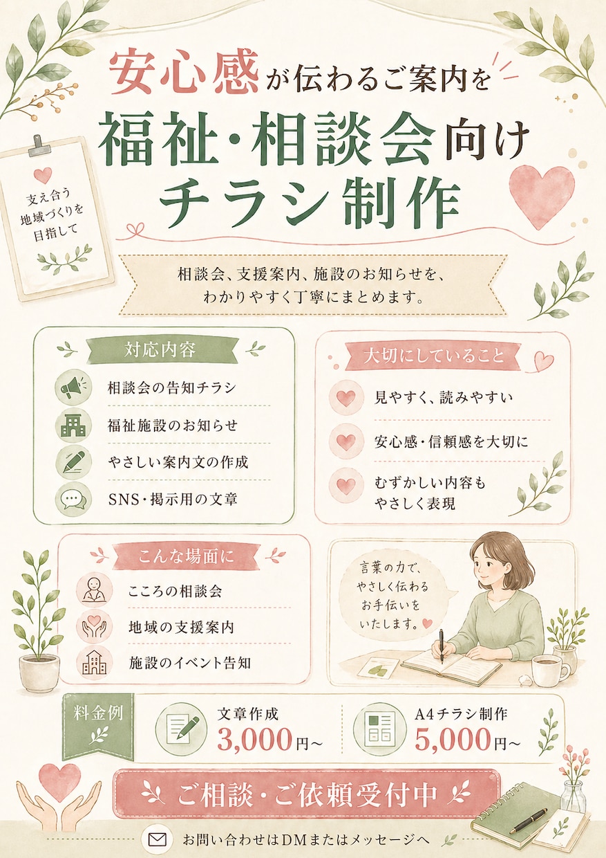 想いを伝えるチラシ・文章制作します お店・イベント・福祉の魅力を、わかりやすく届けます。 イメージ1