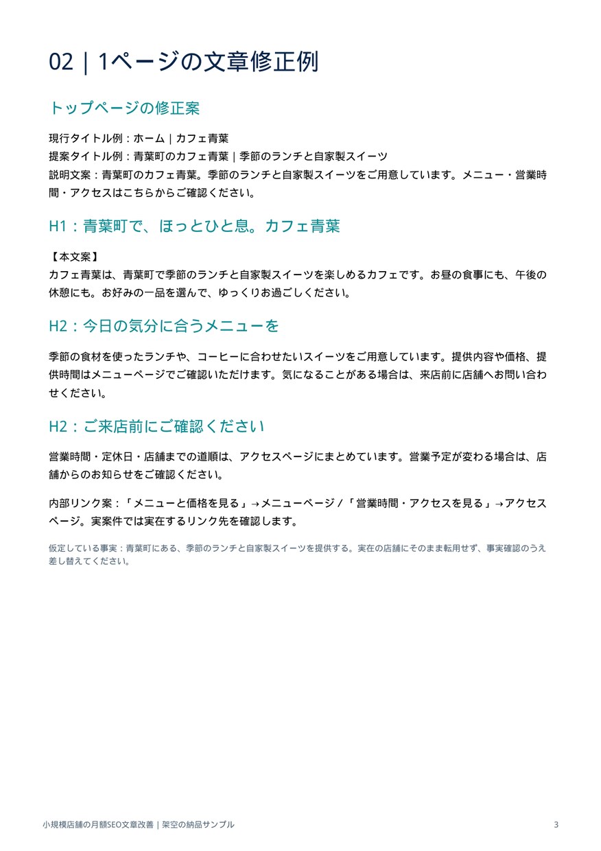小規模店舗のSEO文章を毎月改善します 3ページ点検・1ページ修正案・記事構成2本を納品 イメージ3