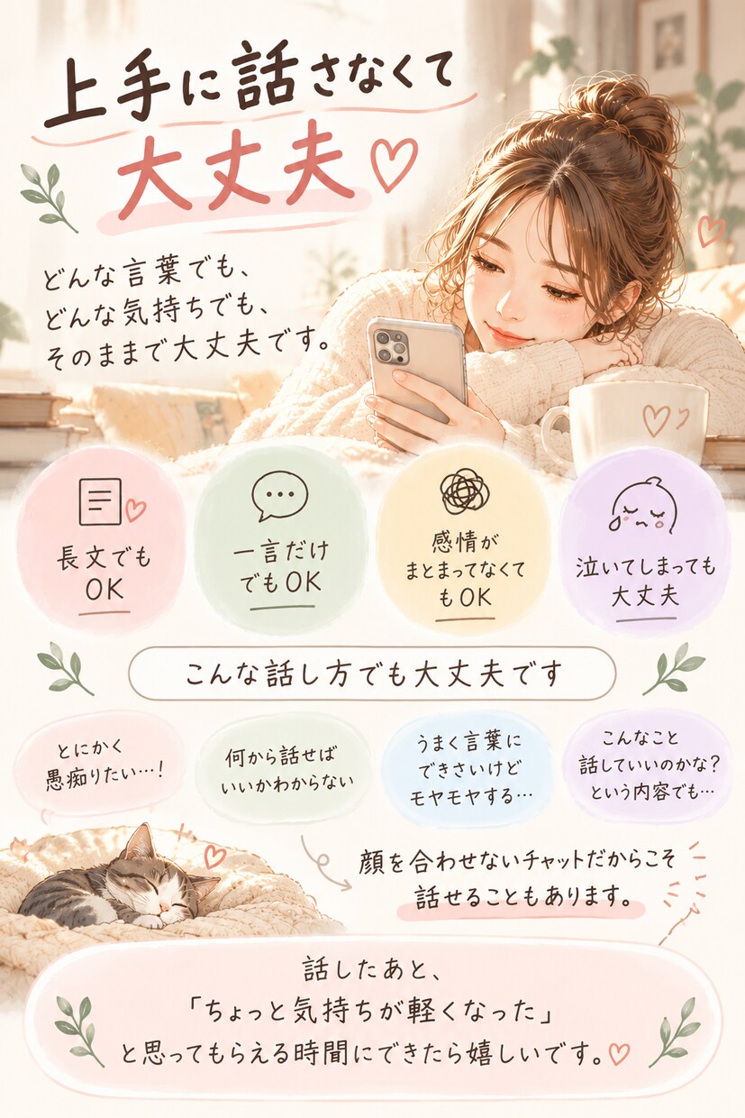 誰にも言えない本音モヤモヤをチャットでお聞きします 仕事・夫婦・育児・人間関係｜あなた専用の話せる場所になります イメージ4