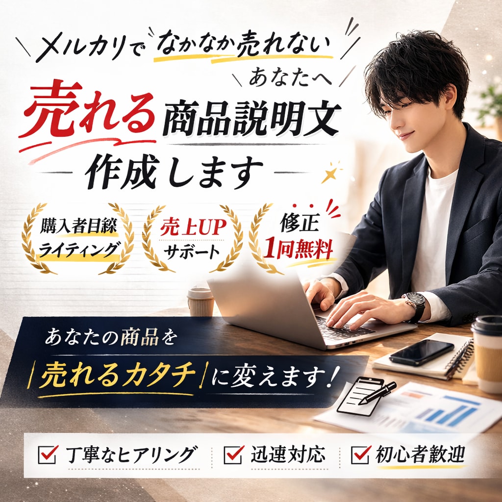 メルカリ売れる説明文作成します 売れないのは文章かも。相場・タイトル・説明文・価格提案します イメージ1