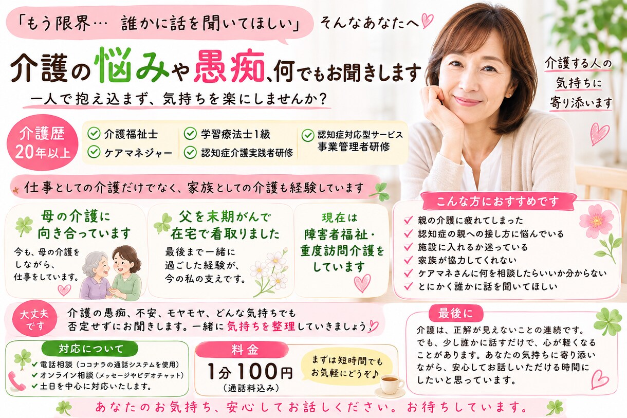 介護の悩みや愚痴をお聞きします 介護歴20年超、母の介護と父の在宅看取りも経験 イメージ1