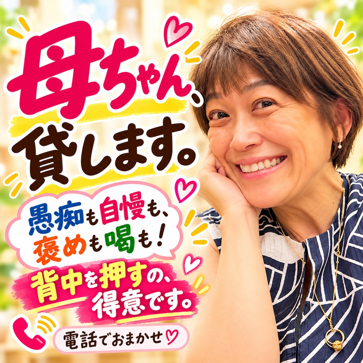 母ちゃん、貸します！愚痴も悩みも聞きます 褒めも喝もおまかせ！あなたの背中も押しちゃうよ イメージ1