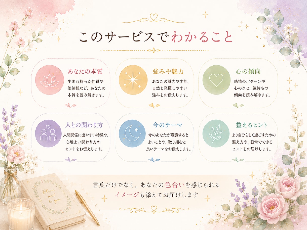 生年月日から、あなたの色と本質をやさしく診断します 自分らしさ・強み・心の傾向を知りたい方へ イメージ2