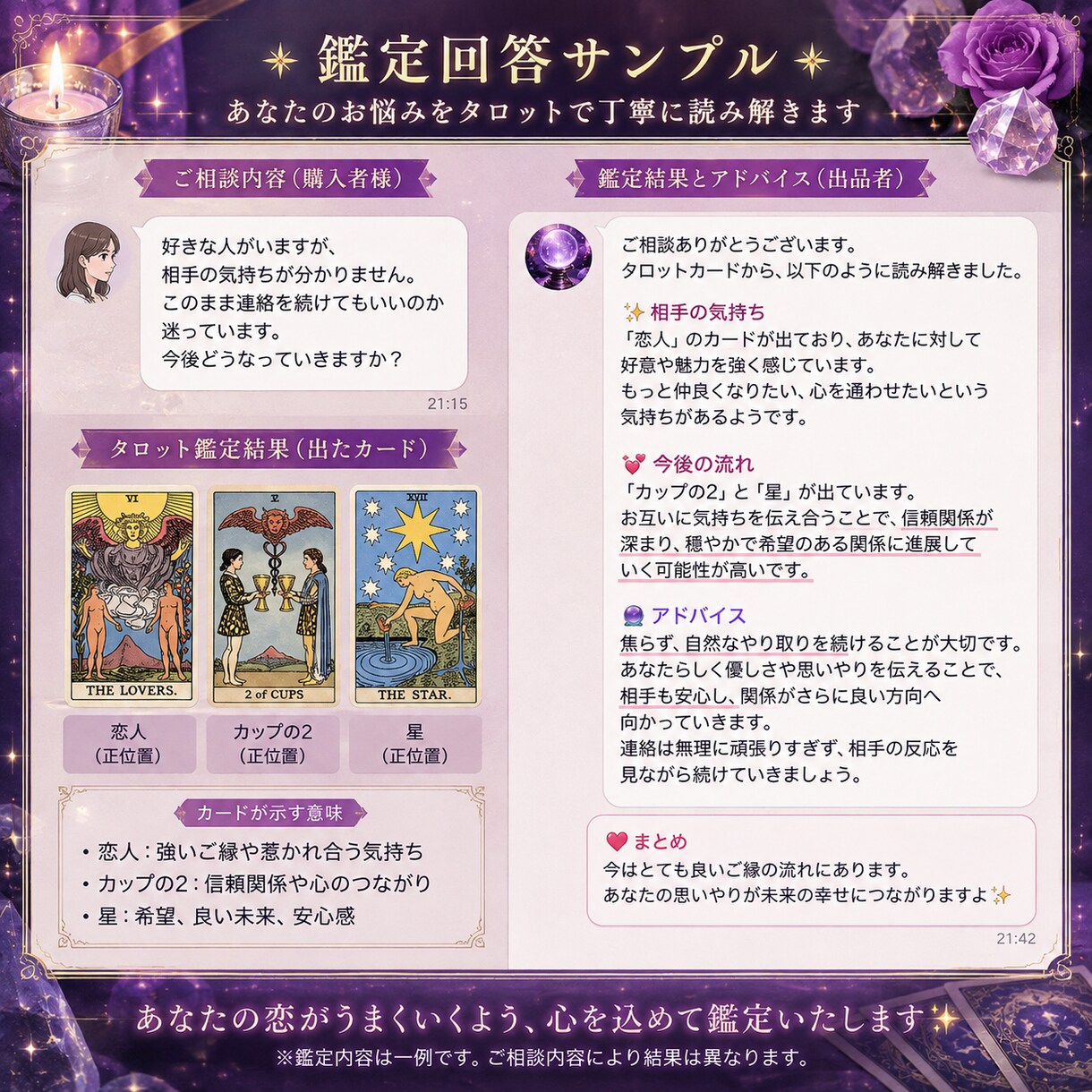 恋愛の悩みをタロットで丁寧に鑑定します 相手の気持ちと今後の流れを優しく読み解きます イメージ3