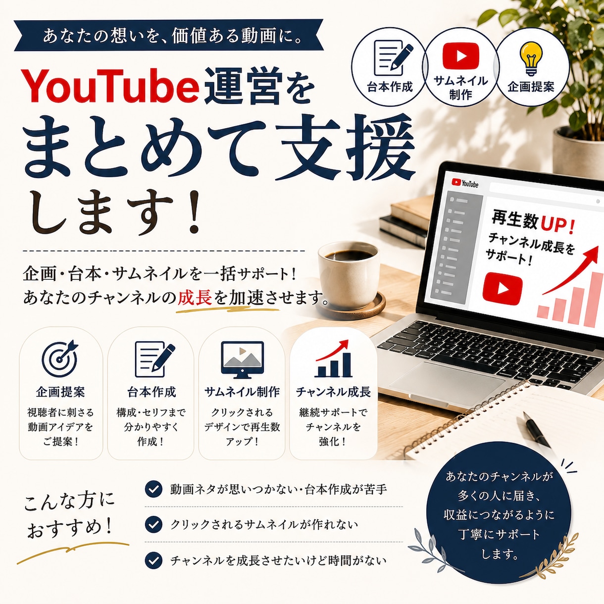 YouTube運営をまとめて支援します 台本・サムネ・企画を一括サポート イメージ1