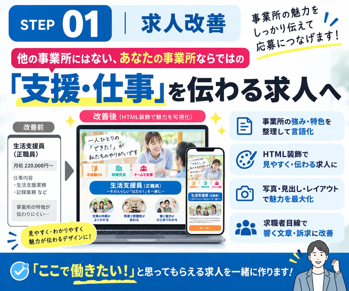 30日間【生活支援員・職業指導員】の採用代行します ｜障害福祉に強い！｜ジョブメドレーの求人改善＋スカウト代行 イメージ5