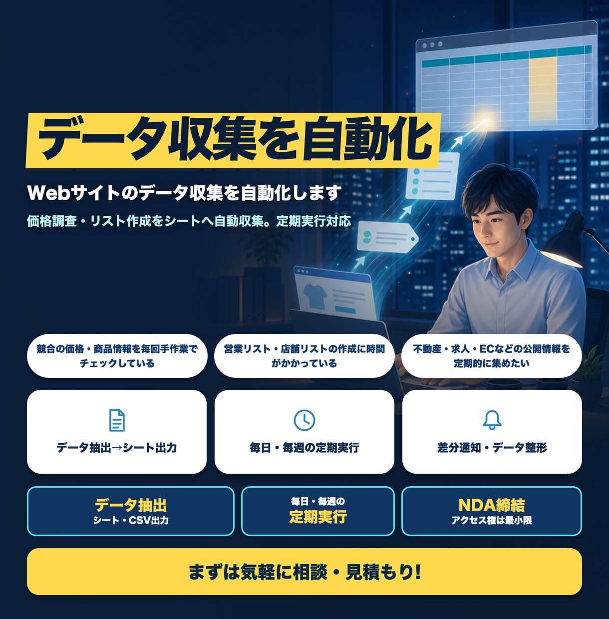 Webサイトのデータ収集を自動化します 価格調査・リスト作成をシートへ自動収集。定期実行対応 イメージ1
