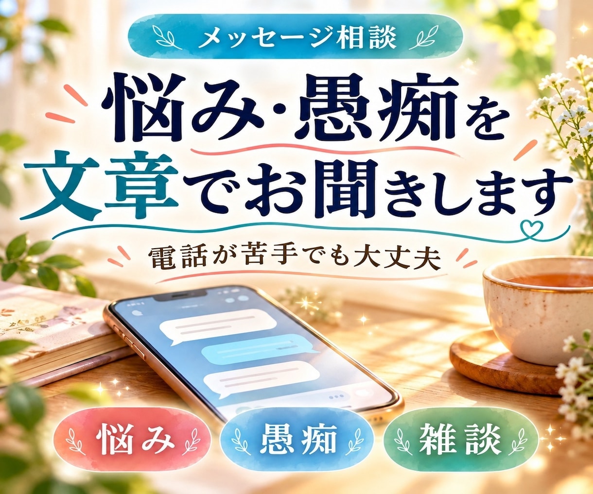 誰にも言えない悩みや愚痴を文章でお聞きします 電話が苦手でも大丈夫。まとまらない気持ちも丁寧に受け止めます イメージ1