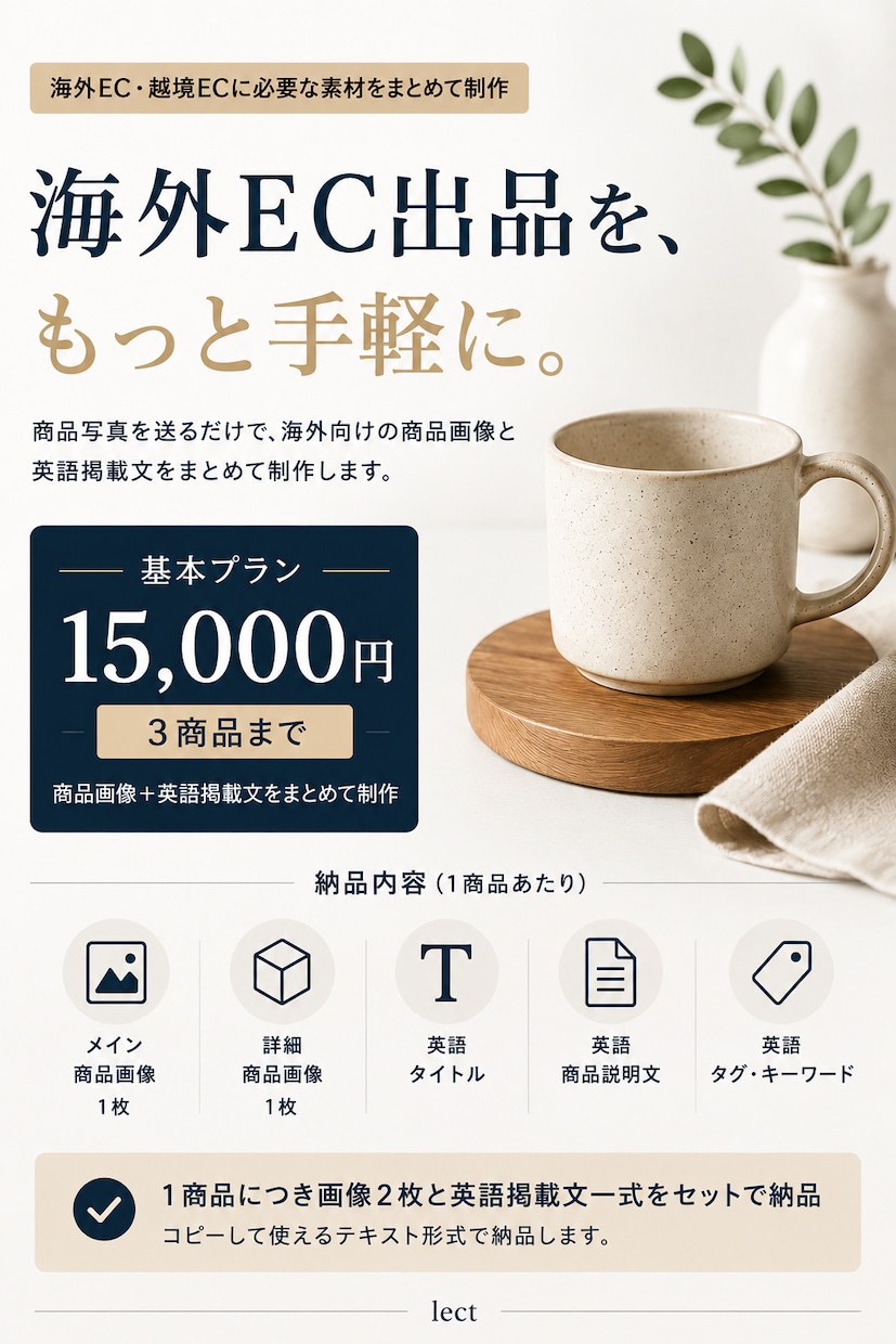 越境EC・海外ECの出品素材を制作します 商品写真と情報を送るだけ海外向けの画像と掲載文をまとめて制作 イメージ1