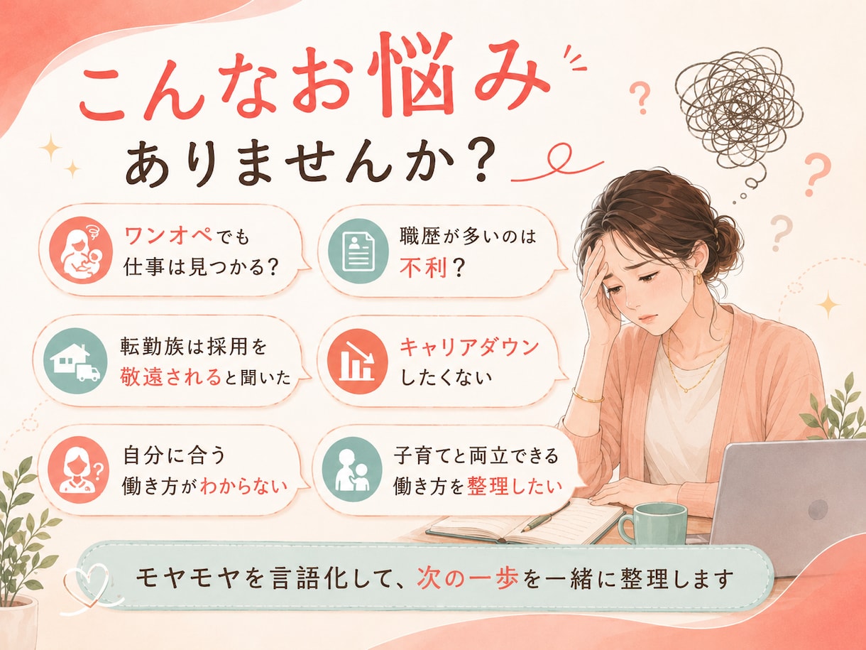 転勤族ママの仕事とキャリアのモヤモヤを整理します 転勤をキャリアのプラスにする家族も自分も大切にできる働き方。 イメージ2