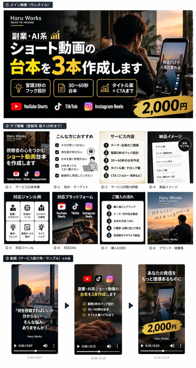 副業・AI系ショート動画の台本を3本作成しますます TikTok・Shorts・リール対応｜冒頭3秒を設計 イメージ1
