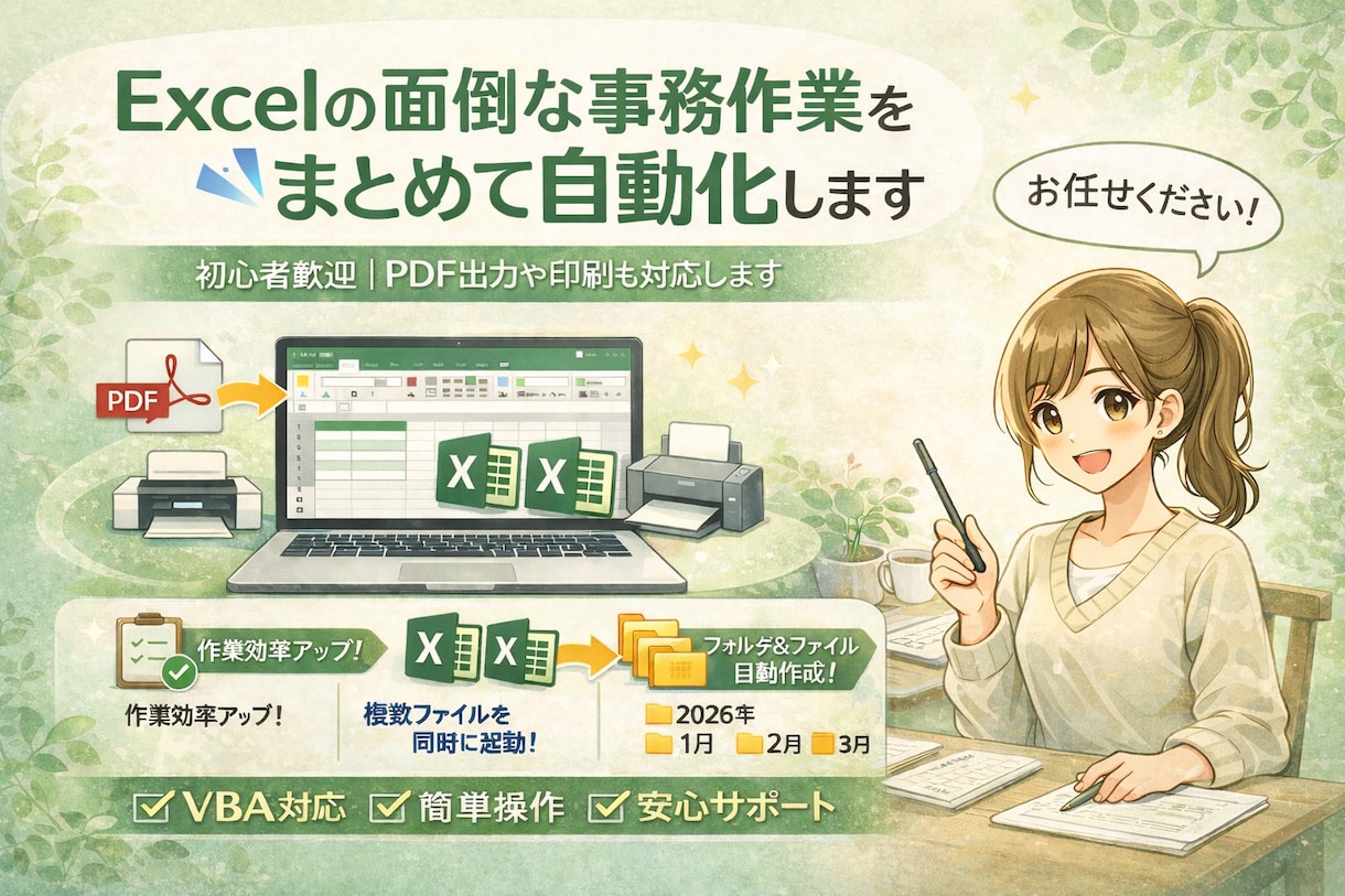 Excelの面倒な事務作業を自動化します 初心者歓迎｜PDF出力や印刷も対応します イメージ1