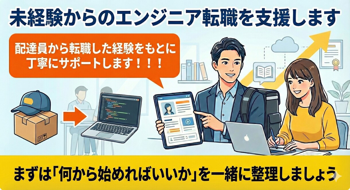 未経験からのエンジニア転職を支援します 配達員から転職した経験をもとに丁寧にサポートします！！！ イメージ1
