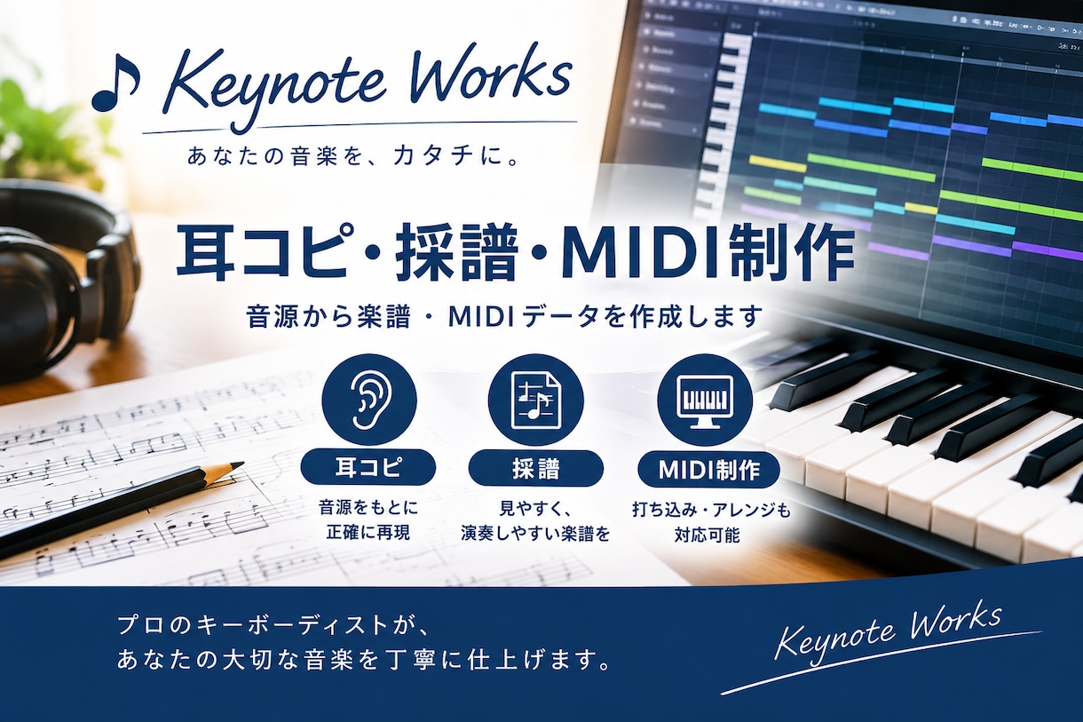 音源から耳コピして楽譜・MIDIを制作します プロキーボーディストが正確に耳コピ・採譜します イメージ1