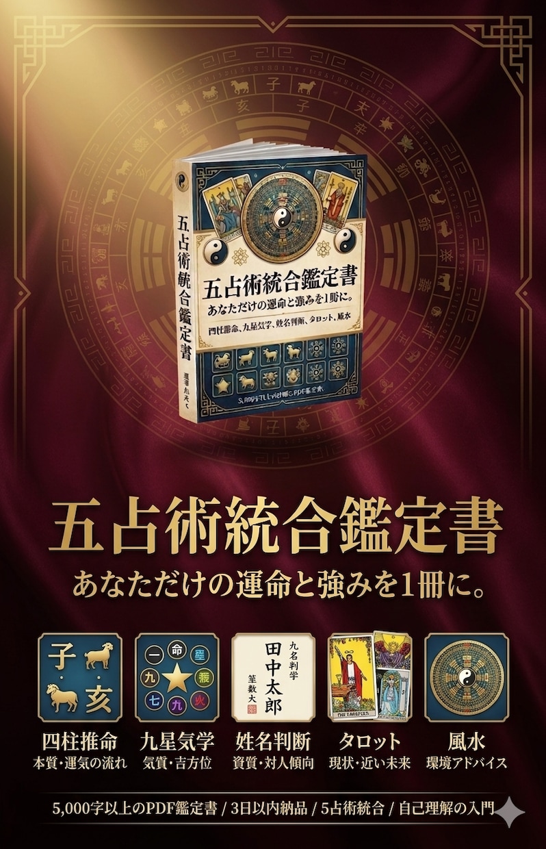 ５つの占術統合であなたの本質を鑑定書にまとめます 四柱推命×姓名判断×タロット×九星気学×風水の統合鑑定書 イメージ2