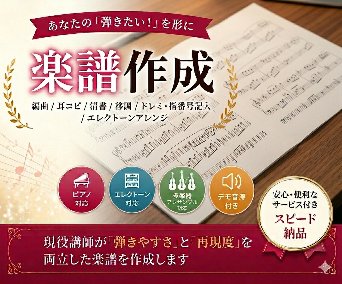 編曲／移調／耳コピ／清書／エレクトーン編曲します 音声つきで簡単確認♪レベルにぴったりのアレンジが得意です！ イメージ1