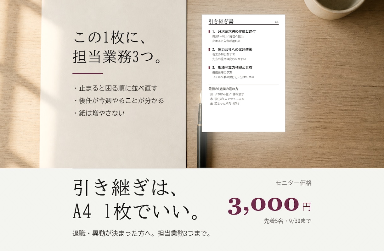 引き継ぎ書｜担当業務をA4 1枚にまとめます 退職・異動が決まった方へ。分厚い資料は作りません イメージ1