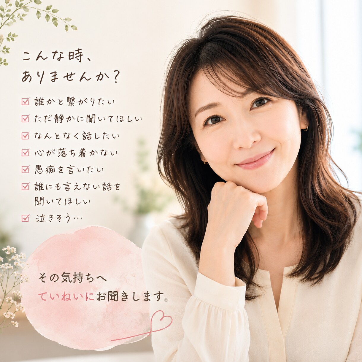 愚痴・悩み・雑談♡否定せず優しくお聴きします あなたの気持ちに、そっと寄り添います イメージ1
