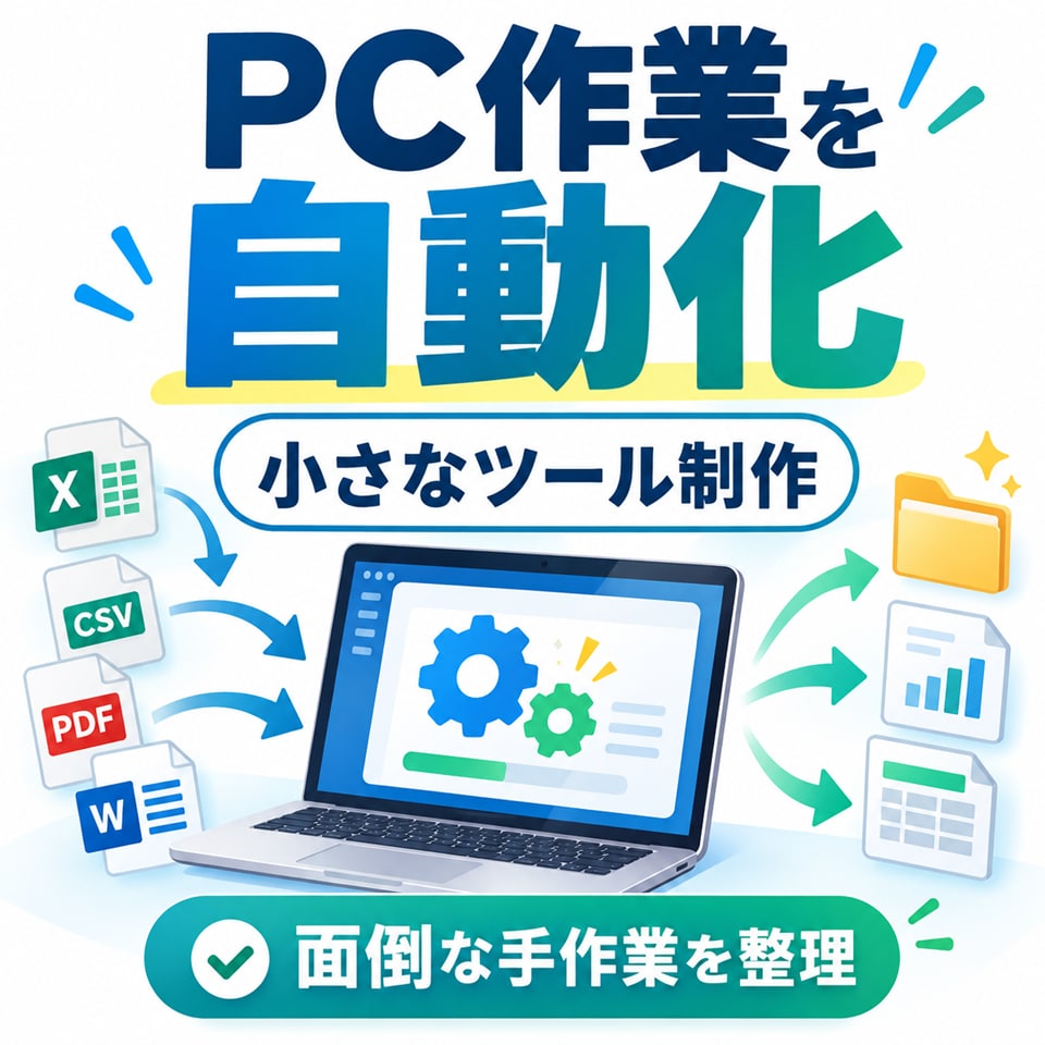 面倒なPC作業を小さな自動化ツールにします 繰り返す手作業を整理し、必要な部分だけ仕組み化します イメージ2