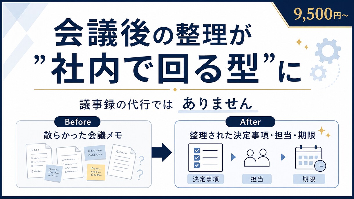 会議後の整理が社内で回る仕組みを作ります 議事録の代行ではなく、次から社内で回る型づくりの導入支援 イメージ1